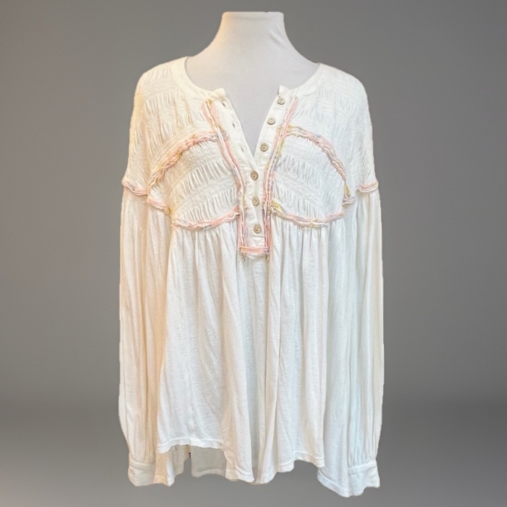 $7 sale/ everything $7/ Free People Cream Gauzy Peasant Blouse with Pink Trim